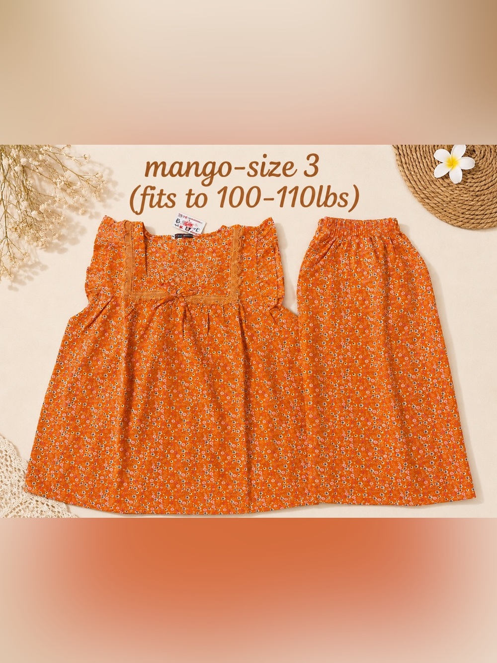Mango Silk Orange Floral Square-Neck Blouse Pajama